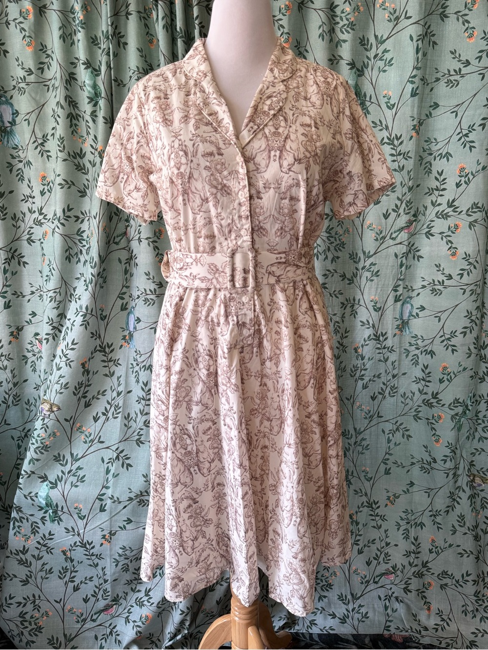 Modcloth Cream Short-Sleeve Floral Belted Shirt Dress